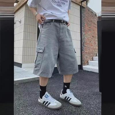 Erkek Amerikan Retro Denim Şort: Günlük, Bol, Düz Kesim, Geniş Paça, Cepli Yüksek Kaliteli İş Kıyafetleri.