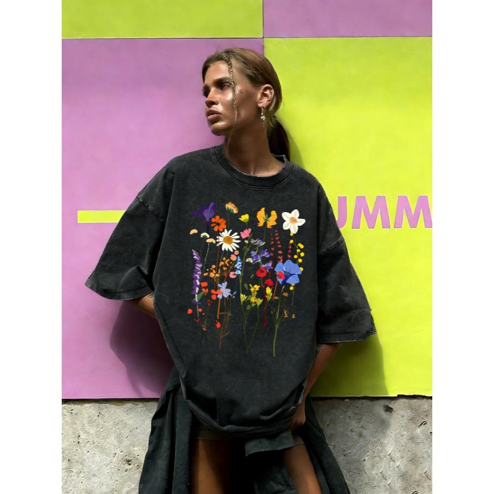 Flowers That Strive To Grow Print Washed T-Shirt Women Cotton Summer Short Sleeves Loose Breathable T Shirts Streetwear