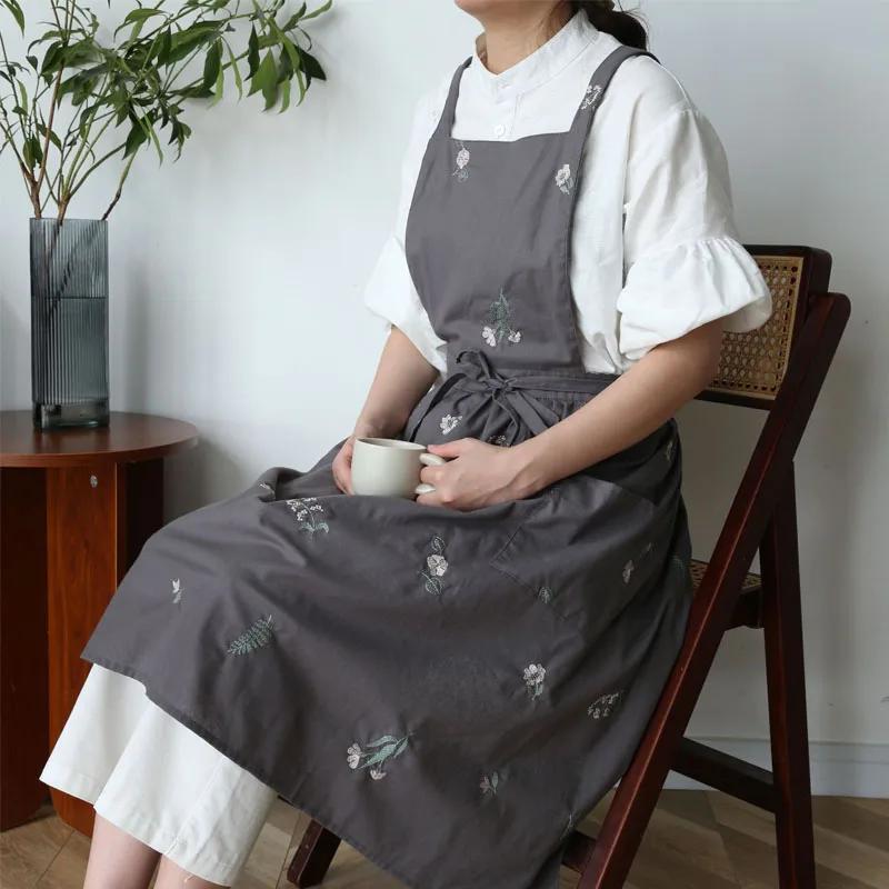

Waterproof Cotton Embroidered Printed Kitchen Apron Women Cross-back Long Skirt Pleated Pinafore for Cooking Gardening Working сірий