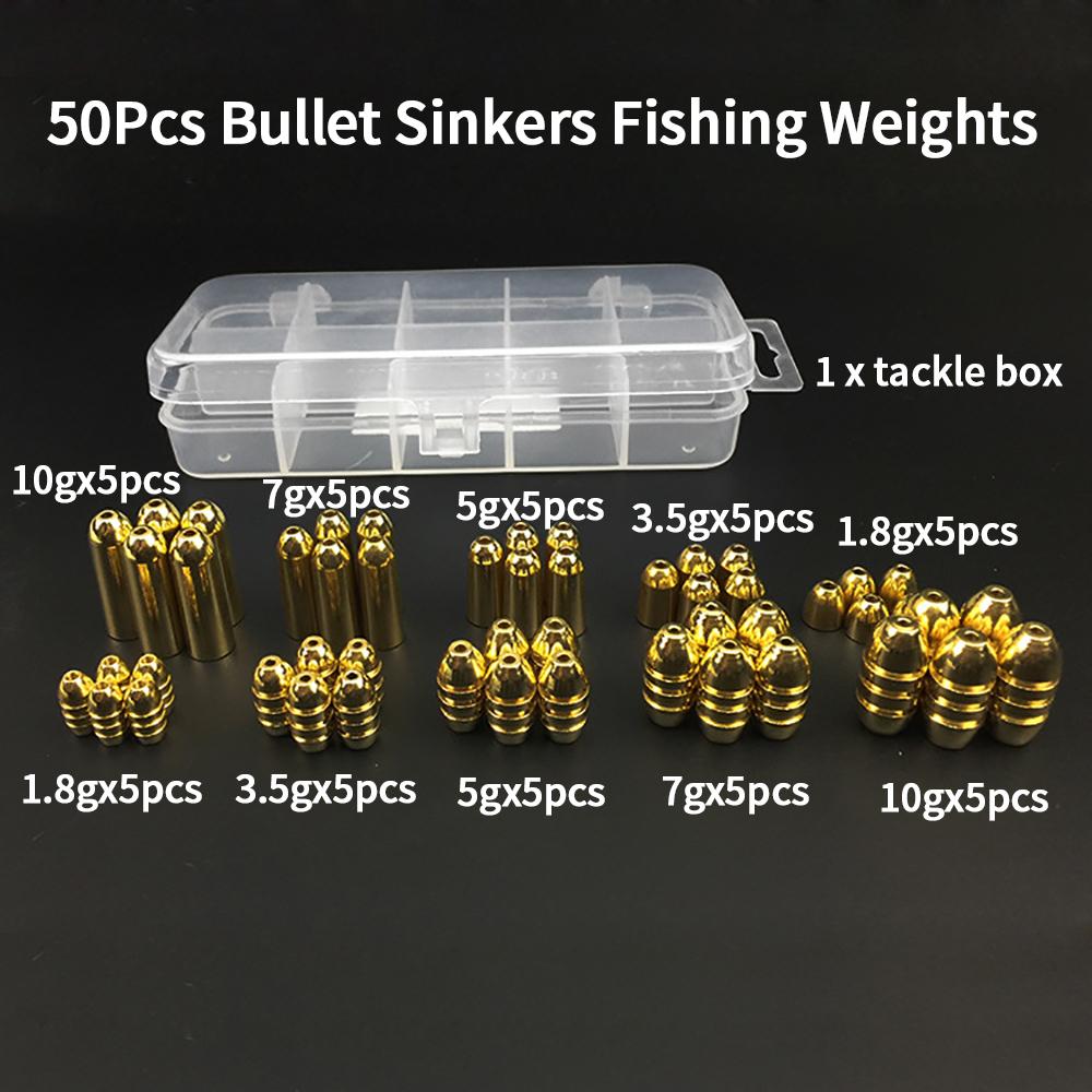 50Pcs Brass Fishing Weights Bullet Sinkers Sliding Slip Sinker Worm Weights Texas Carolina Rig Fishing Weights Kit 1.8g-10g