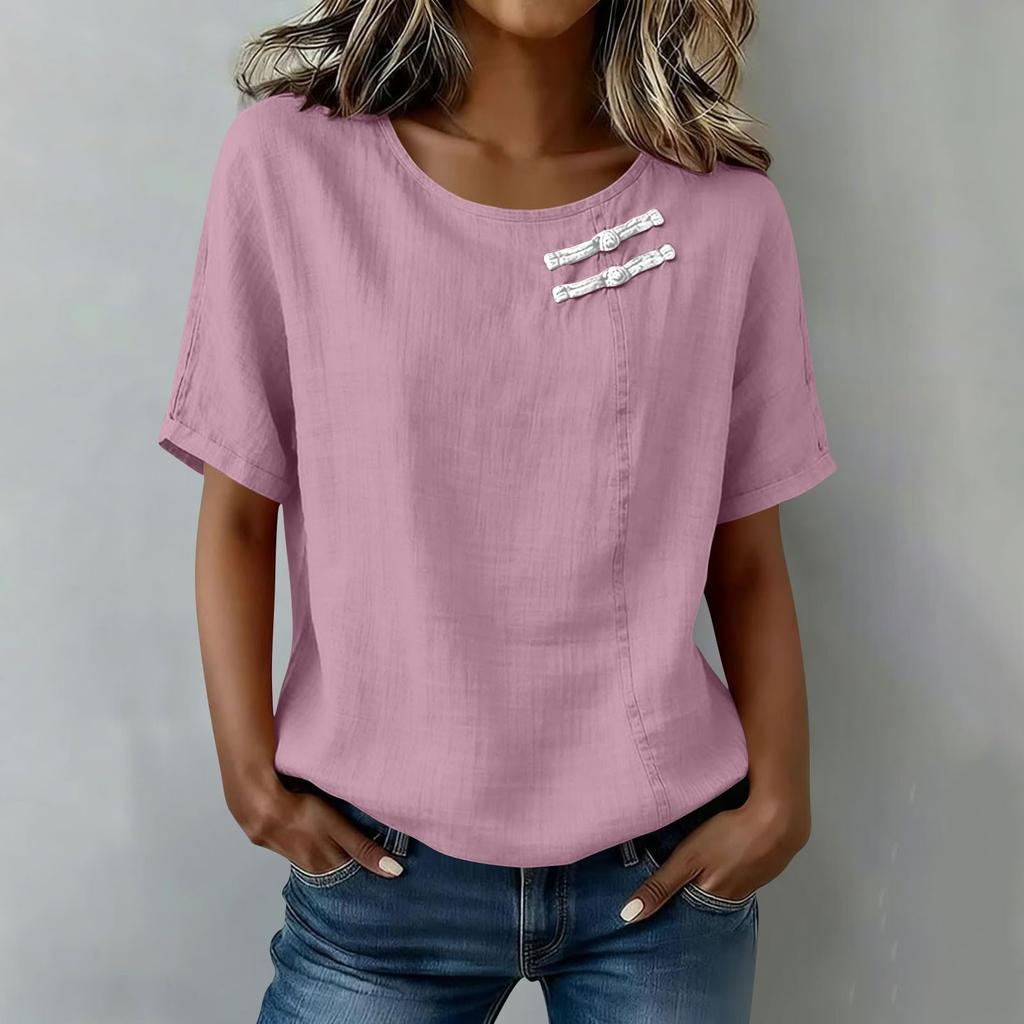 Women Short Sleeve Round Neck Button Shirt Casual Linen Blend Top Lightweight Breathable Summer Blouse with Decorative Buttons