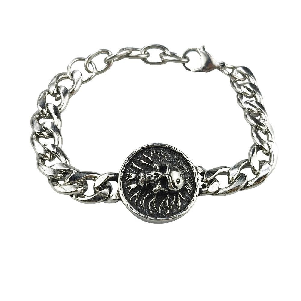 Hip Hop Stainless Steel Vintage Punk Skull Head Dragon Pattern Round Brand Sports Men's Bracelet Accessories