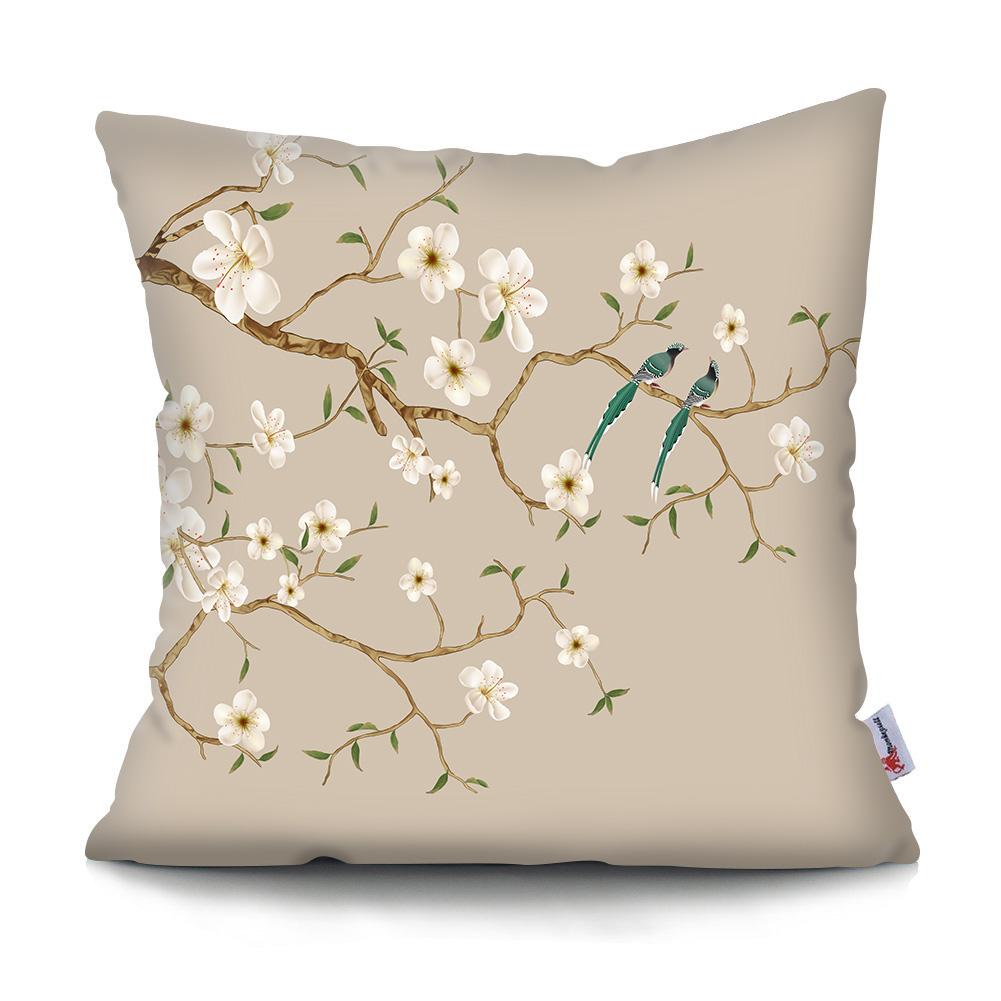 Square Chinese Landscape Painting Cushion Cover Vintage Plum Blossom Pillowcase