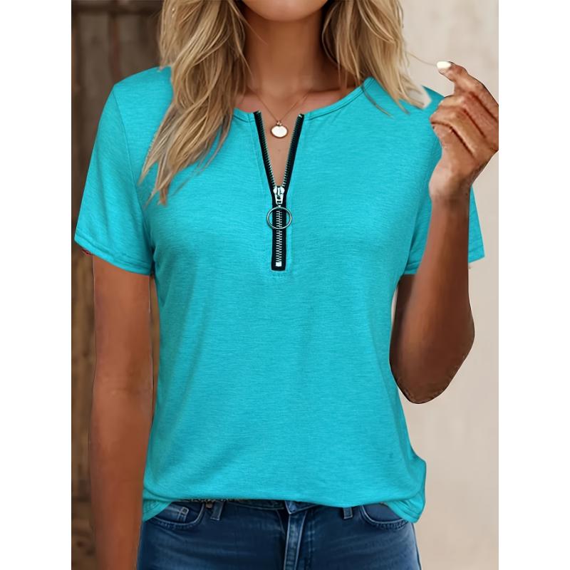 Women Elegant V-neck Zipper Detail Short Sleeved T-shirt for Spring, Summer, Autumn Casual Wear, Machine Washable