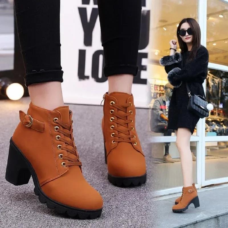 2025 New Spring Winter Women Pumps Boots High Quality Lace-up European Ladies Shoes PU High Heels Boots