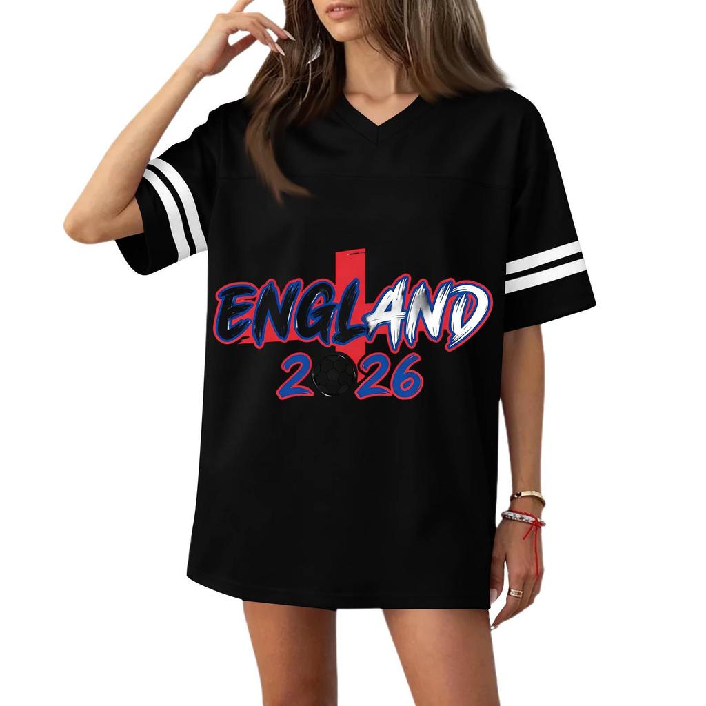 Women V Neck Short Sleeve Casual Loose Fit Sports T Shirt with 2026 Football Flag Print for Outdoor Activities