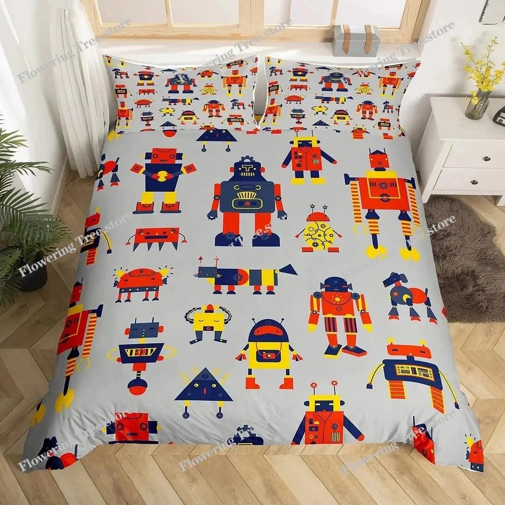 Boys Cartoon Robot Rocket Duvet Cover King Queen Size,Kids Spaceship Bedding Set Starry Galaxy Universe Planet Quilt Cover