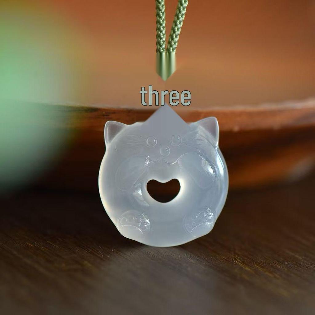 Ice-Type White Agate Totoro Cat Pendant Necklace Unisex Anime Jade Stone