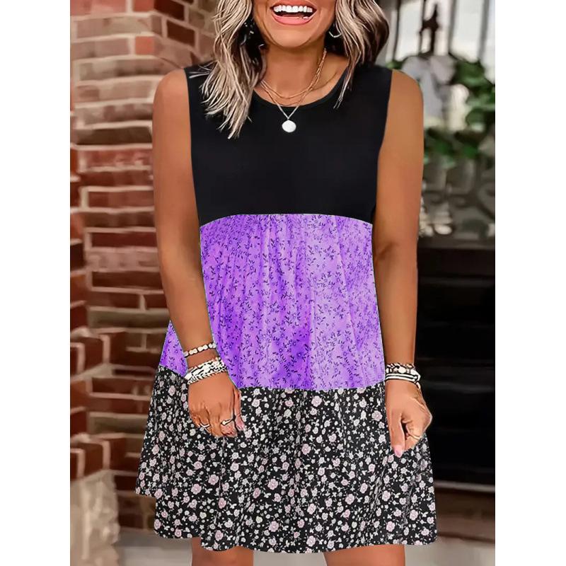 2026 Spring/Summer Floral Patchwork Color Block Dress XXL