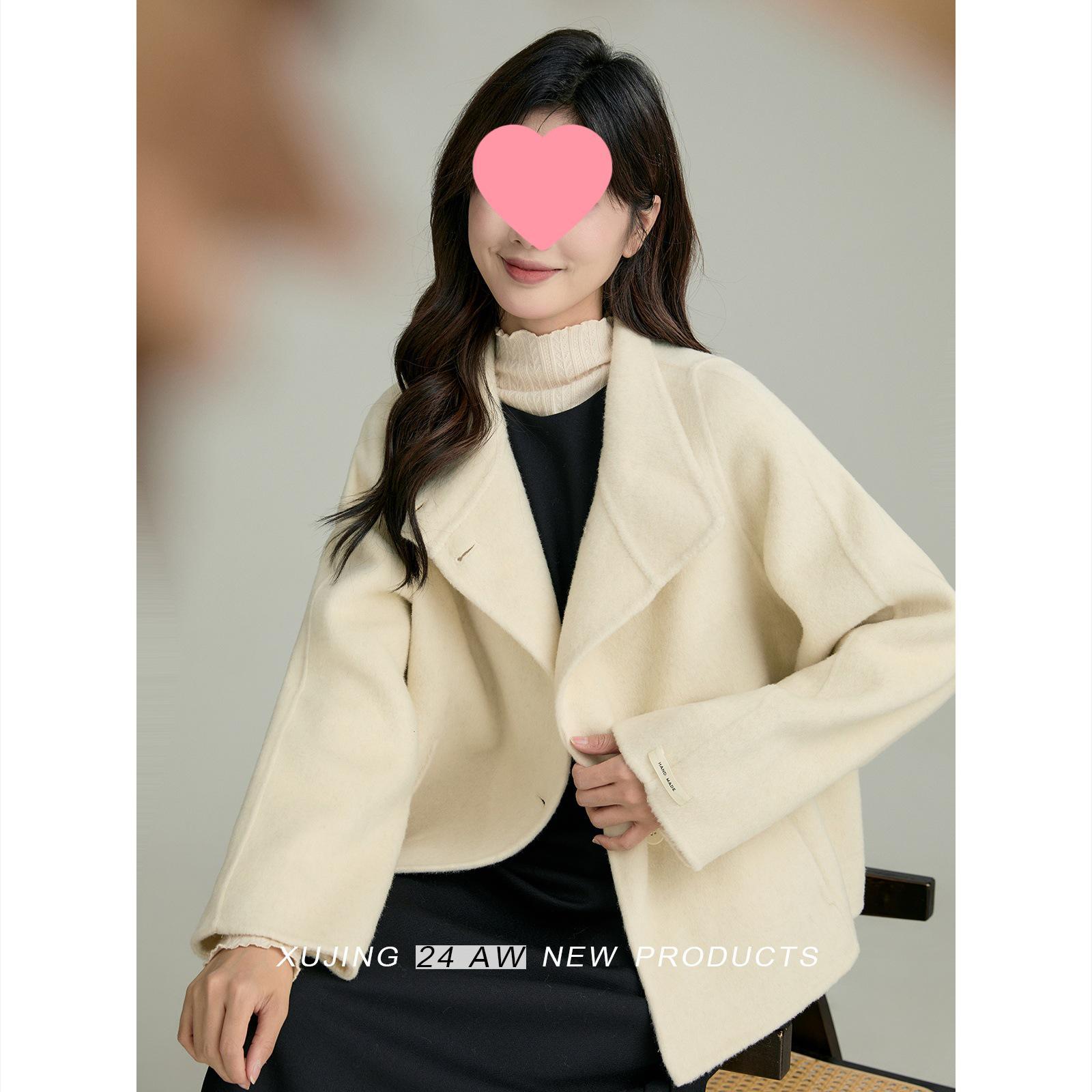 2024 Petite Women s High-Grade Double-Sided Cashmere Wool Coat in Black/Apricot, Short, for Autumn/Winter Small