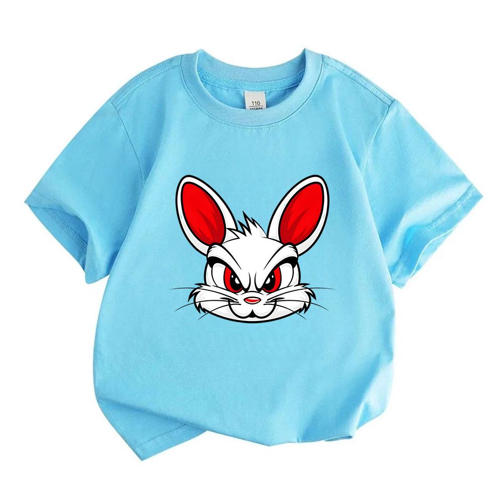 Kids Boys Girls 100% Cotton Crew Neck Short Sleeve T-Shirt, Cool Angry Cartoon White Bunny Red Eye Pattern Casual Soft Tees for Children Daily Outdoor
