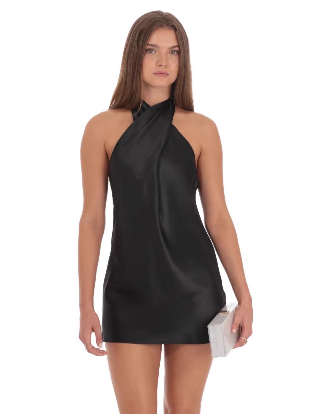 European & American Sexy Sleeveless Halter Dark Style Satin Backless Short Dress L чёрный