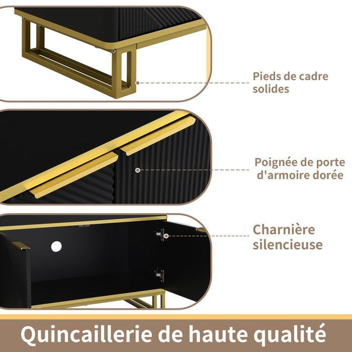 Meuble TV moderne - MODERNLUXE - 160x37,5x48 cm - 4 portes - MDF + Métal - Noir + Doré - Texture géométrique