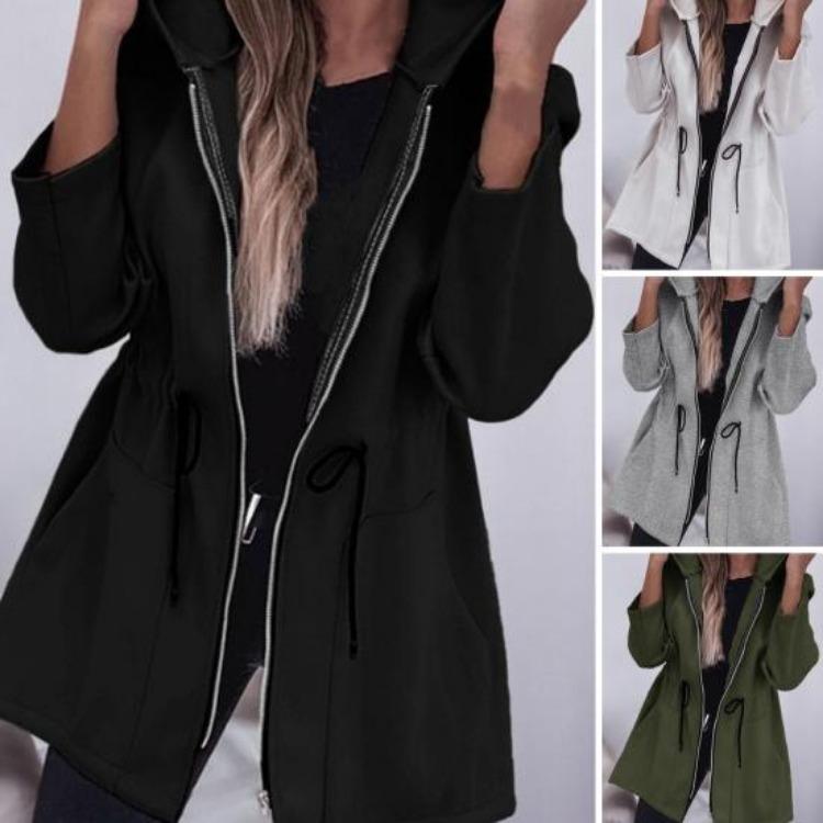 Women Windbreaker Jacket Hooded Thermal Long Sleeve Solid Color with Drawstring Waist Large Pockets Zipper Closure