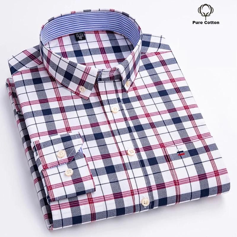 

Men Oxford Fashion 100% Cotton Long Sleeve Casual Slim Solid Color Plaid Print Stripe Formal Dress Shirt Plus Size 40