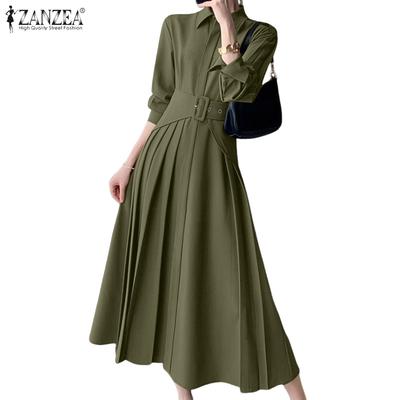 Vrouwen Casual Turn Down Collar Lange Mouw Losse Lange Jurk