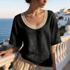 Women Vintage Short Sleeve Linen Cotton Blouse U Neck Lace Trim Casual Loose Fit Summer Top