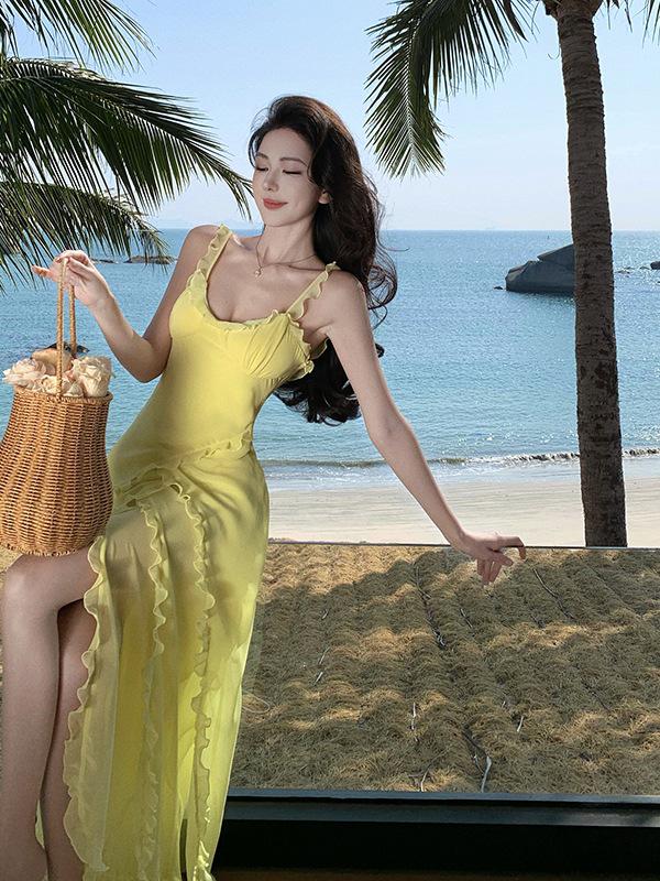 

In-Stock French Romantic Three-Layer Ruffle Slit Long Dress Small