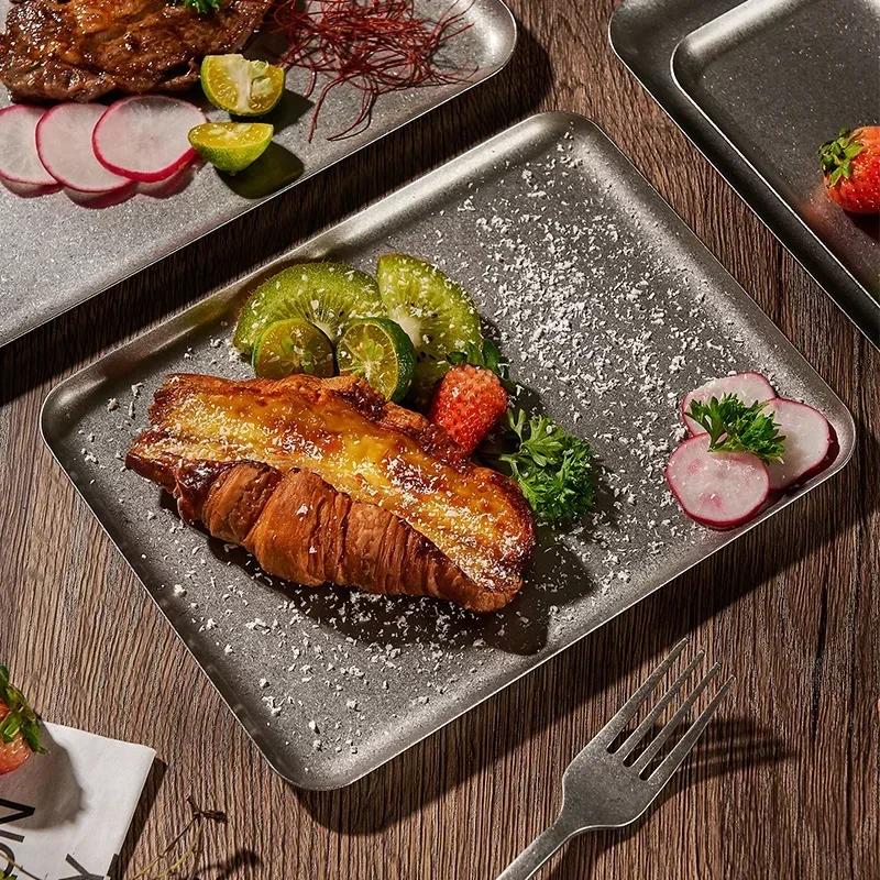 Steak Plate Stainless Steel BBQ Used Square Tray Steak Plate Restaurant Dessert Plate Roast Plate