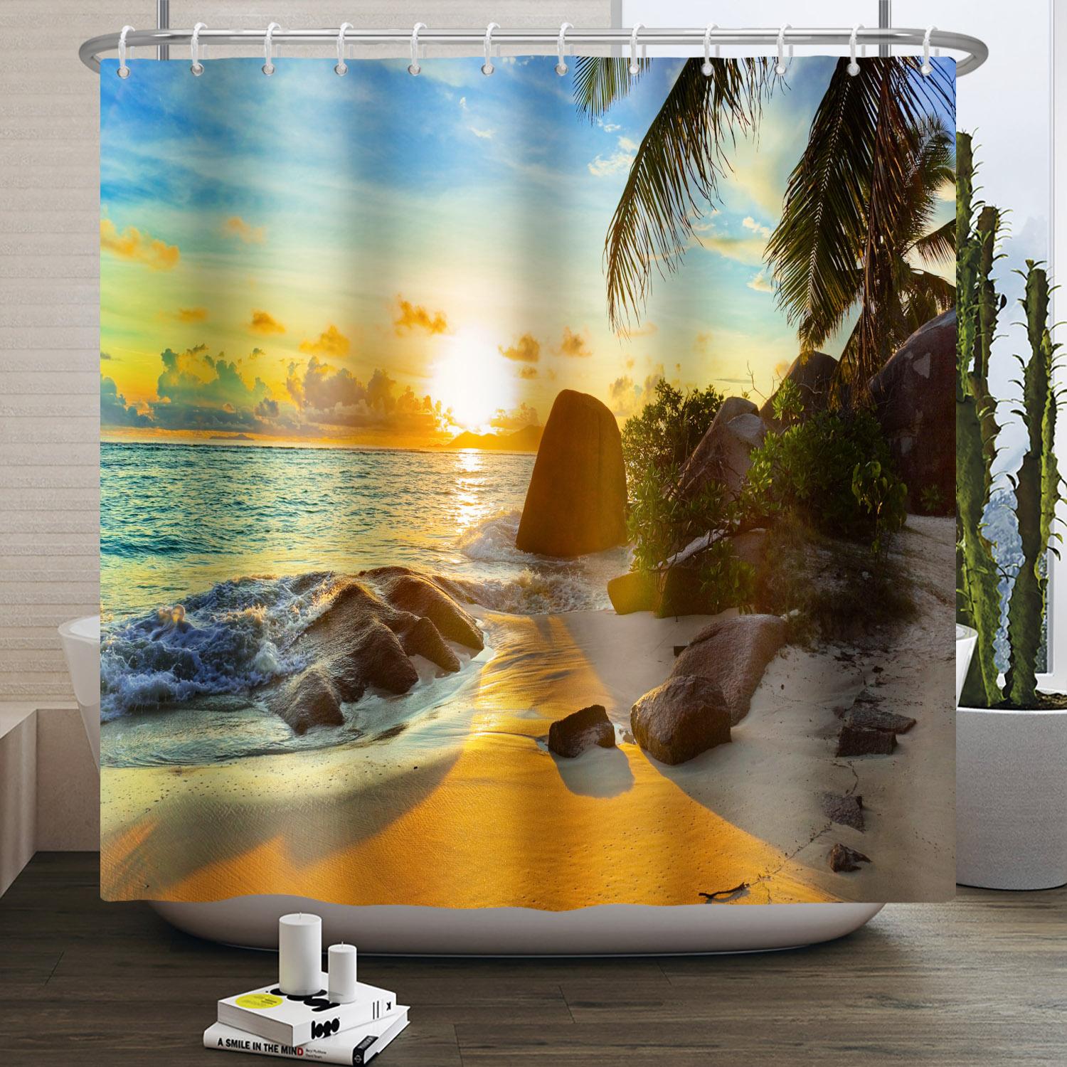 

Summer Beach Sea Palm Tree Shower Curtain Tropical Surfboard 3d Waterproof Bathroom Curtain Decoration With Hooks Home Supplies 90x180cm