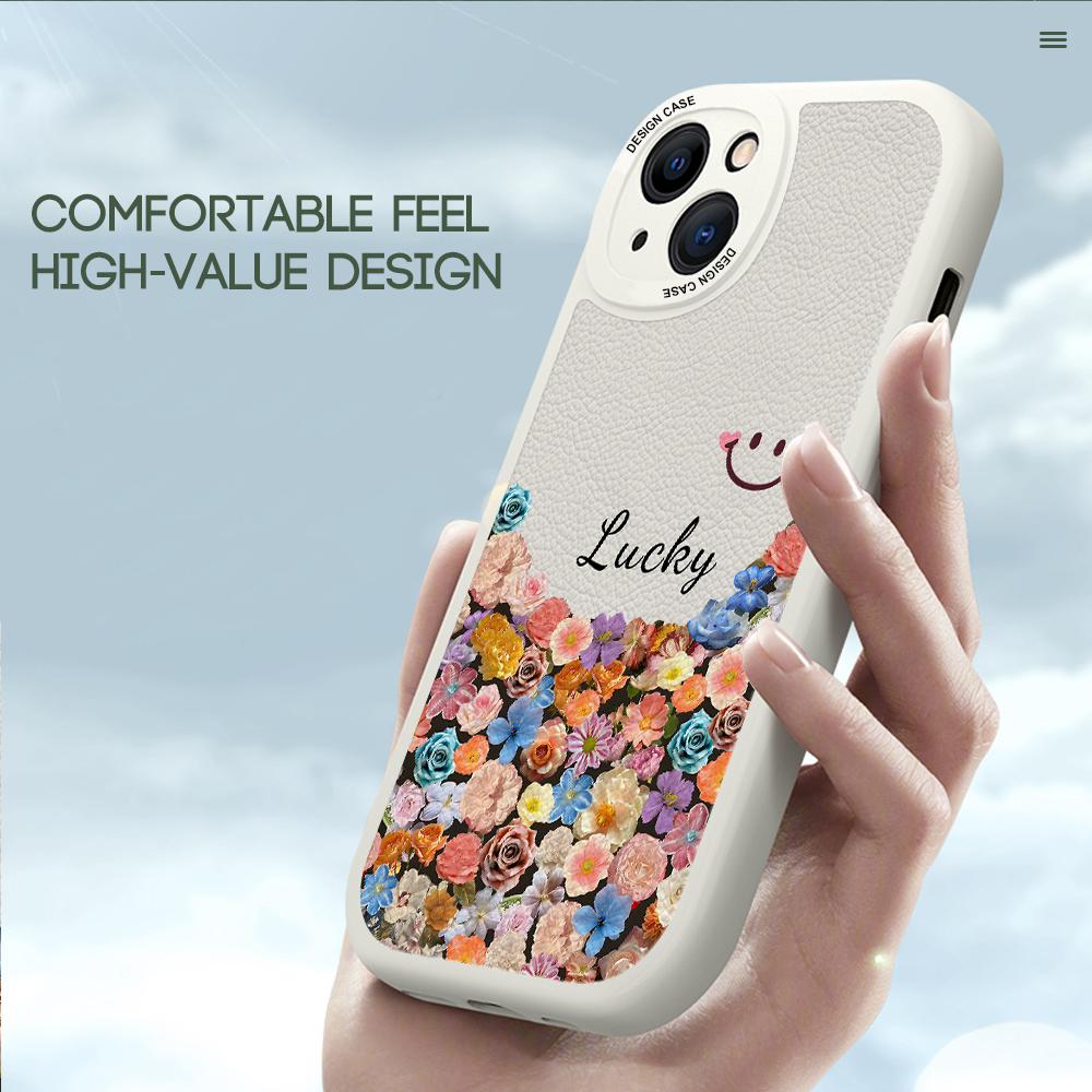 Blumen und Lächeln Muster Hülle PU Leder Weiche Handyhülle für iPhone 15 14 13 12 11 Pro Max Huawei P30 Pro P40 Lite Vivo Y15 Y18 Y20 Y18