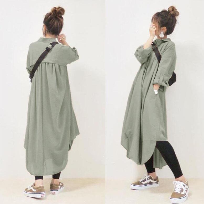 Japanese 2024 New Style Long Sleeve Pocket Lapel Shirt Dress - Loose Cotton & Linen, 4 Colors Available