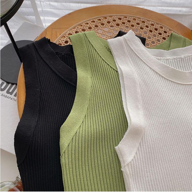 Green Knit Tank Top Sleeveless Short Women's Crop Top Solid Color Inner Wear Outer Skinny Short Vest Korean Fashion