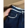 Dark Blue Lace Waist Women's Jeans - Retro Slim Fit, Loose Straight Trousers for Autumn