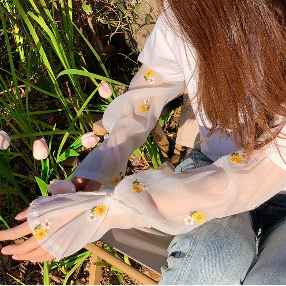 Sun Flower Embroidery Flower Ice Silk Sleeves Pearl Buckle Sunscreen Sleeve Cute   Women