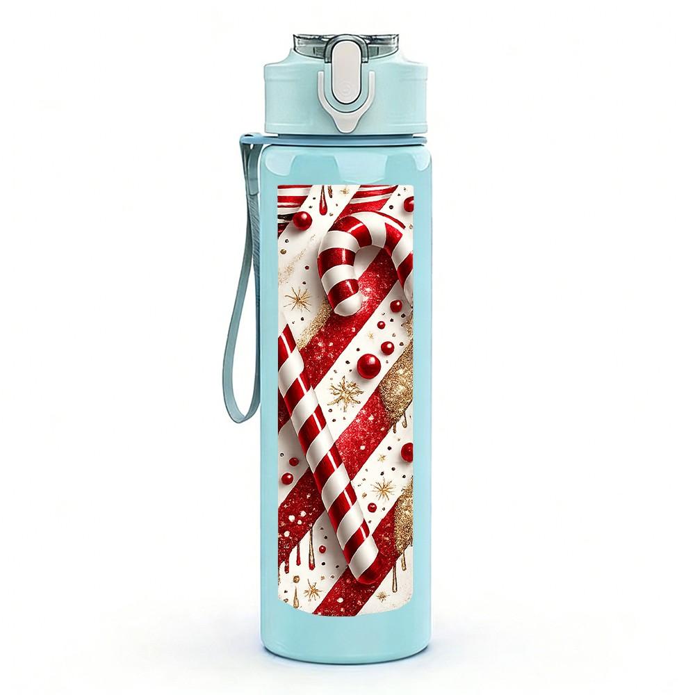 1PC Christmas Candy Cane Strip Print 750ml Color Plastic Sports Water Bottle Leakproof Flip Straw Lid Suitable for Sports Office Home Use