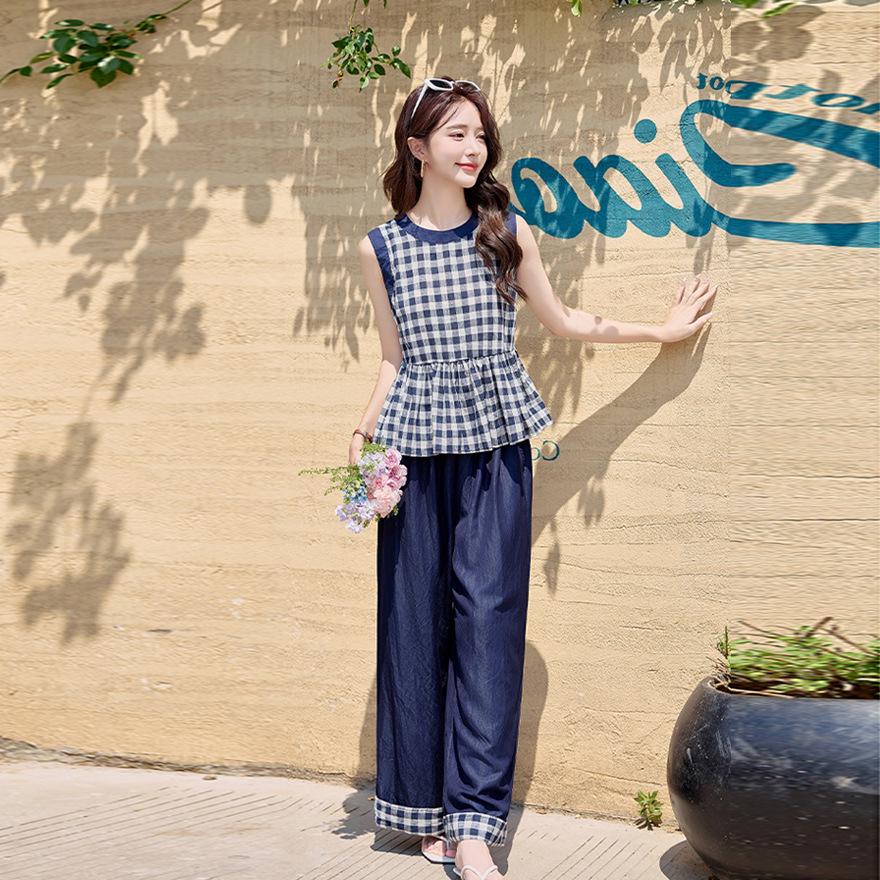 Casual plaid sleeveless vest wide leg pants set women's summer new wear a complete set