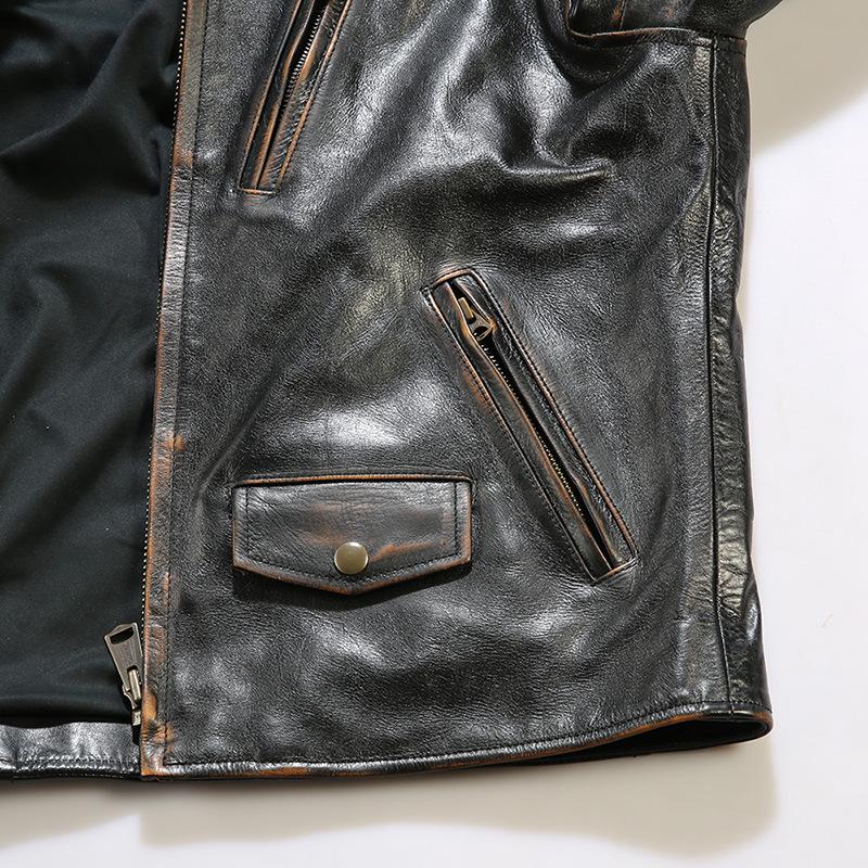 Chaqueta de moto de cuero caqui para hombre - Estilo Venom, cuello alto, piel de vaca