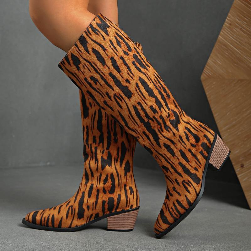

Модные ретро замшевые леопардовые ботфорты 2025 Новые весенне-осенние высокие сапоги 43