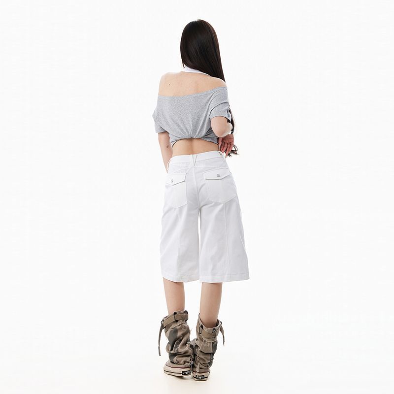 Fashion Summer White Pocket Design Straight Wide Leg Cropped Capri Denim Pants For Women Trendy Versatile Slimming AllMatch Casual Bottoms