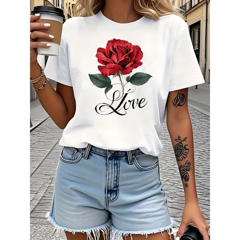 Women Floral Creative Print T-Shirt Fashion Casual Elegant Trendy Festival Essential Comfortable Daily Top