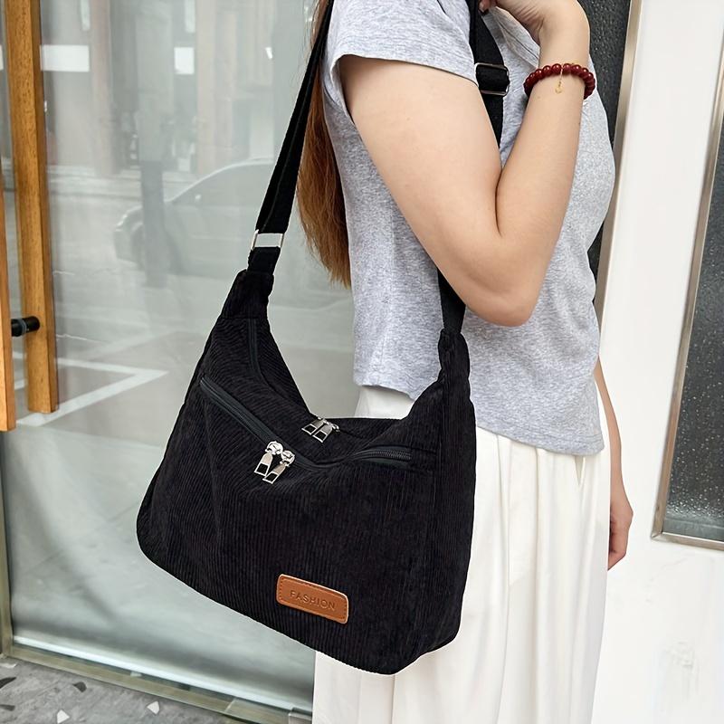 Casual Corduroy Shoulder Bag for Women with Adjustable Strap, Striped Urban Tote with Zipper Closure Handbag with Polyester Lining