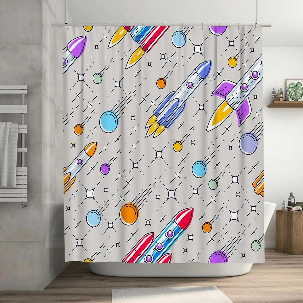 Space-themed Shower Curtain with Rockets Modern Bathroom Decor for Kids' Room or Nursery!
