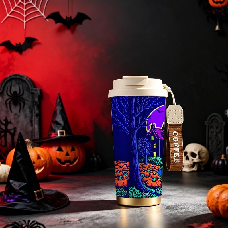 532ml coffee cup Halloween themedflip thermos with lanyardflip lid coffee cup travel mug with woven lanyard leakproof flip lid cup car portable cup 532ml coffee cup фиолетовый