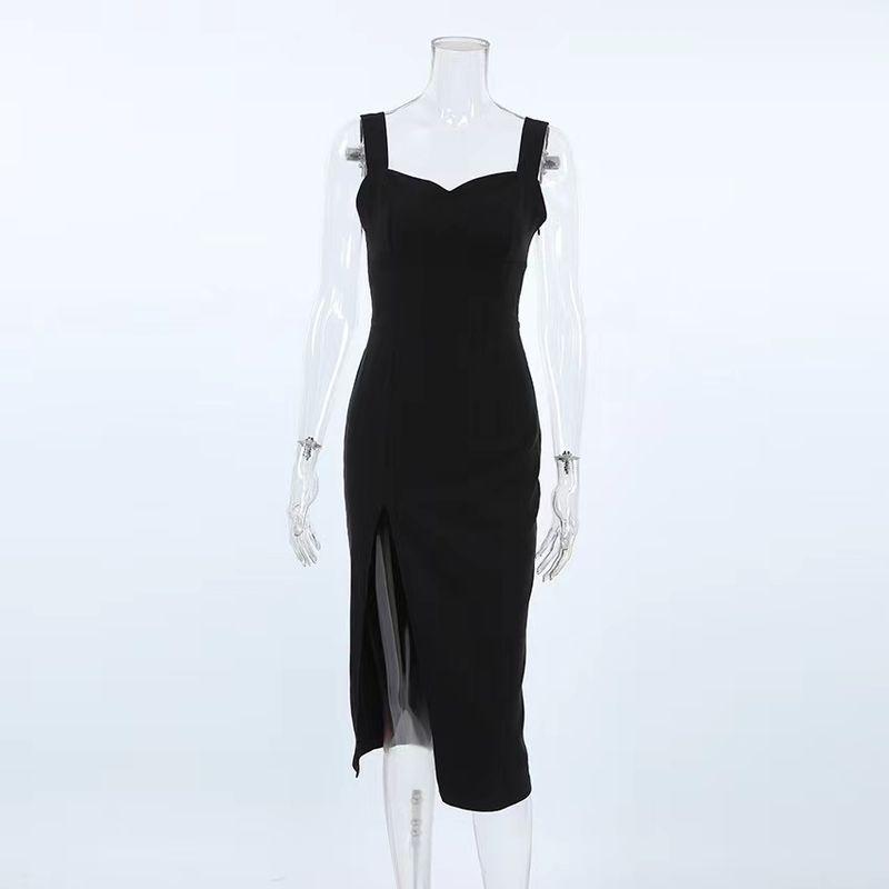 

Western Style Sexy Sleeveless Square Collar Split Dress Sexy Square Neckline Slit Dress Black S