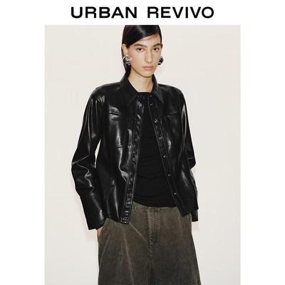 UR2026 Women's Lapel PU Pocket Snap Button Shirt