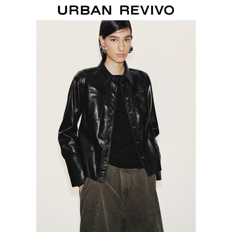 UR2026 Women s Lapel PU Pocket Snap Button Shirt XXS