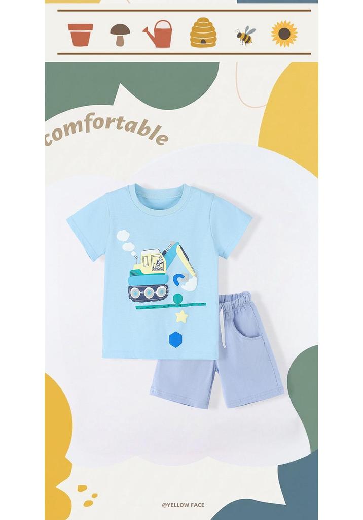 European Style Boys' Summer 2-Piece Cartoon Print Set with Round Neck and Short Sleeves