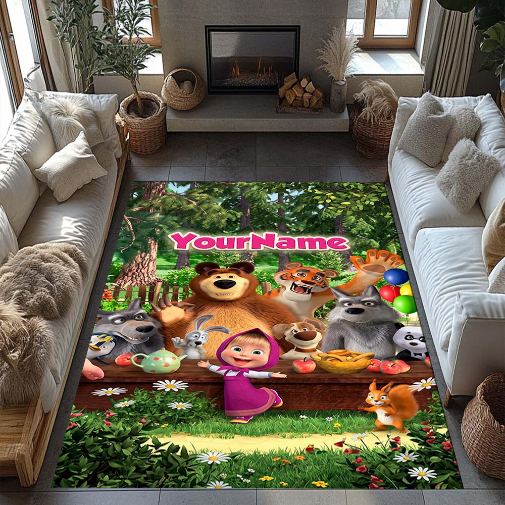 Masha Bear Customizable Name Floor Mat Design for Hallway Playrooms Entryway Outdoor Anti-slip Rug Anime Office Decor Best for Christmas