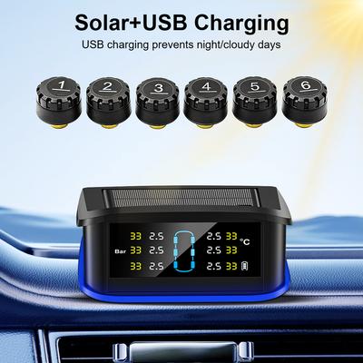 Sistema de Monitorización de Presión de Neumáticos para Camiones y RV TPMS Alarma de Presión de Neumáticos de Coche 6 Sensores Externos Pantalla LCD Digital con Luz Indicadora de Advertencia Alarma de Seguridad TPMS Solar