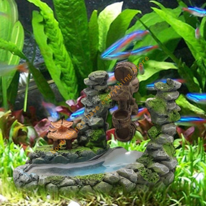 Flowing Waterwheel Statue Fishtanks Landscape Potted Plant Ornament Fish Shelter 55KF