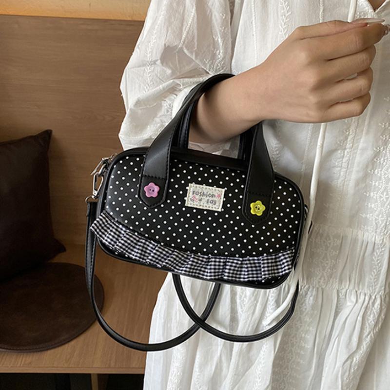 Mini- Bowlingtasche mit Pünktchenmuster und Vichy-Rüschenbesatz Niedliche Blumenverzierung Vielseitiger oberer Griff und Umhängetasche Süße Tasche für Pendler