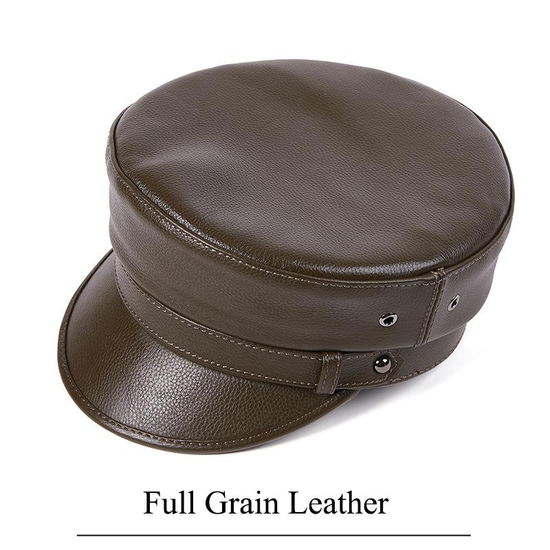 Unisex Genuine Leather Captain Cap, Vintage Punk Motorcycle Military Hat, Harajuku Rock Flat Top Beret for Men and Women