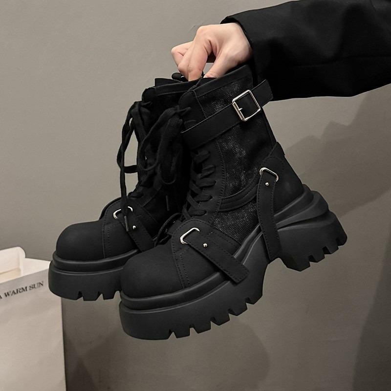 Herbst neue Martin Stiefel Damen Retro Denim Gürtelschnalle handsome kurze Stiefel dicksohlige abriebfeste Mode Stiefel