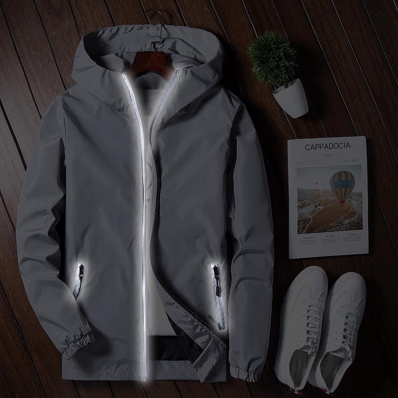 Men's Spring Summer Hooded Jackets Windbreaker Reflective Coat Waterproof Casual Bomber Outwear