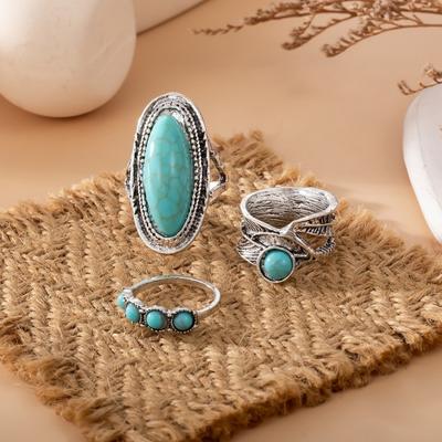 Conjunto de anel de dedo feminino 3 tamanhos estilo boêmio irregular decoração turquesa falsa faixa de dedo largo joia presente